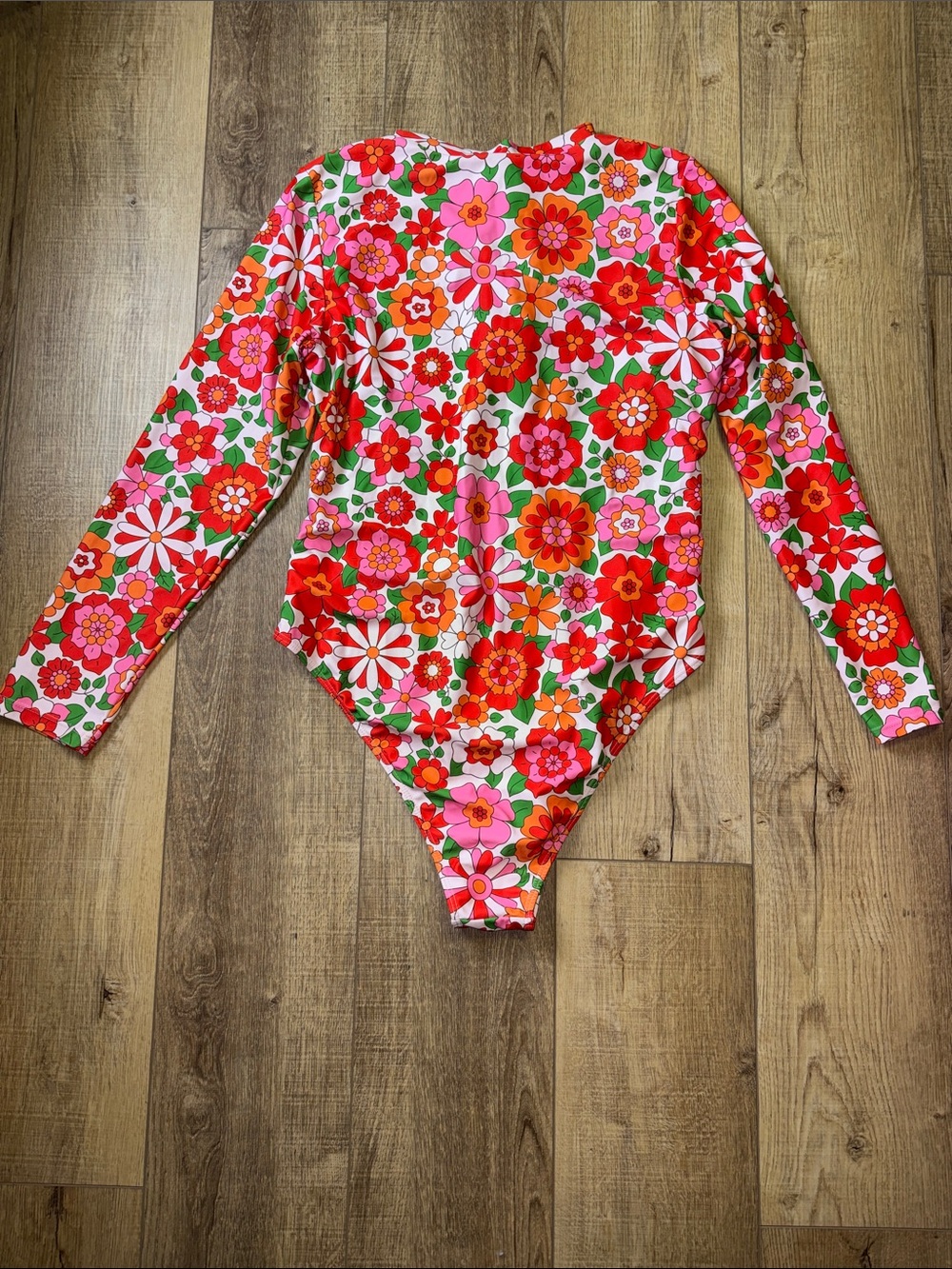 Floral Long-Sleeve One-Piece Swimsuit - Pink & Red - Picture 3 of 4